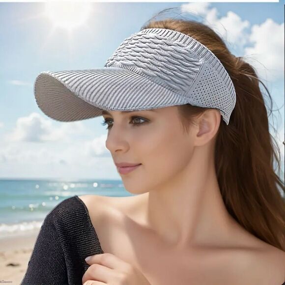 NWT Gorgeous Grey Knit Visor Elastic Sun Hat UV Protection - Picture 1 of 7